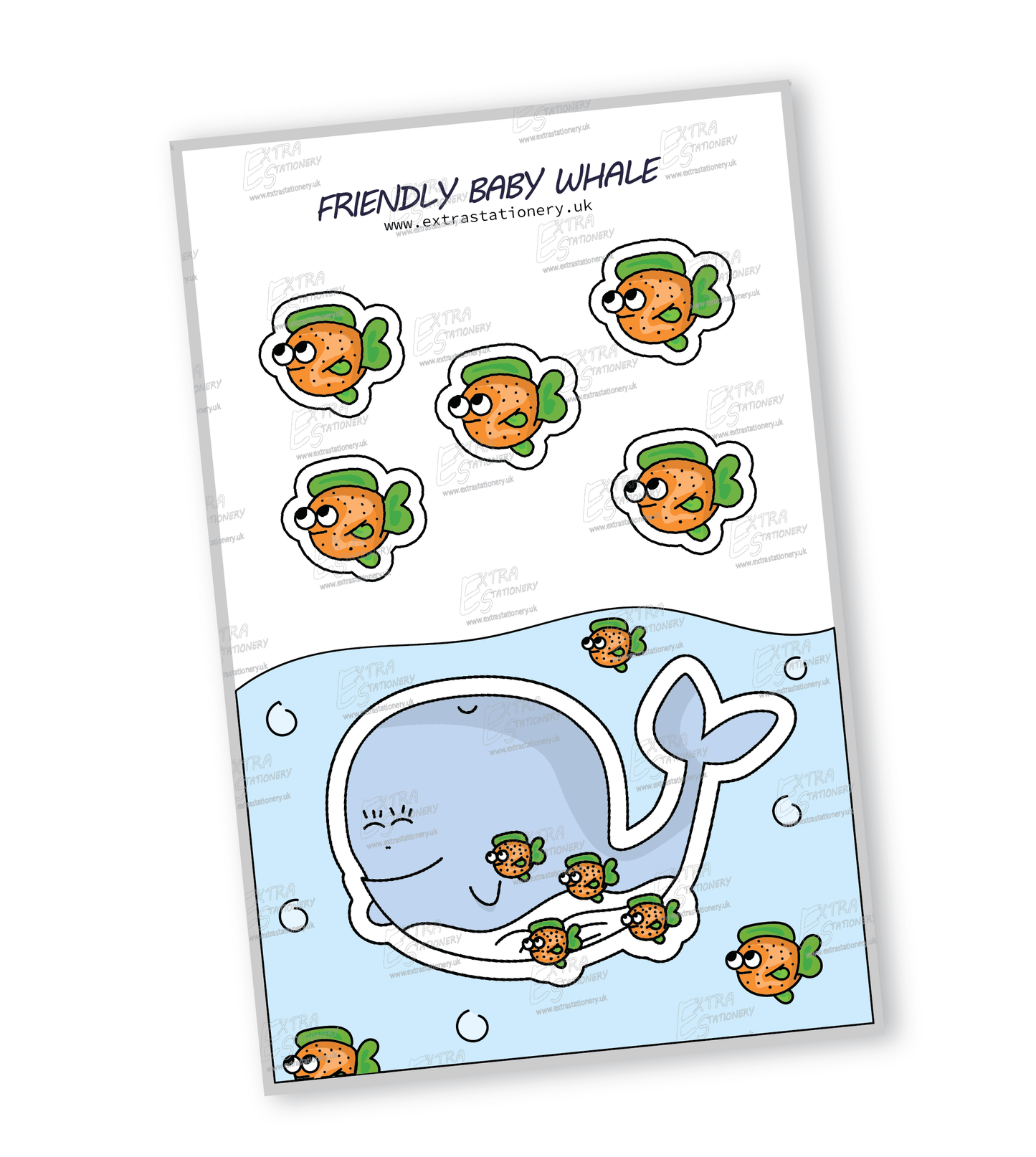 Cute baby blue whale with a big smile sticker, surrounded by small fish friends, radiating friendliness and happiness.