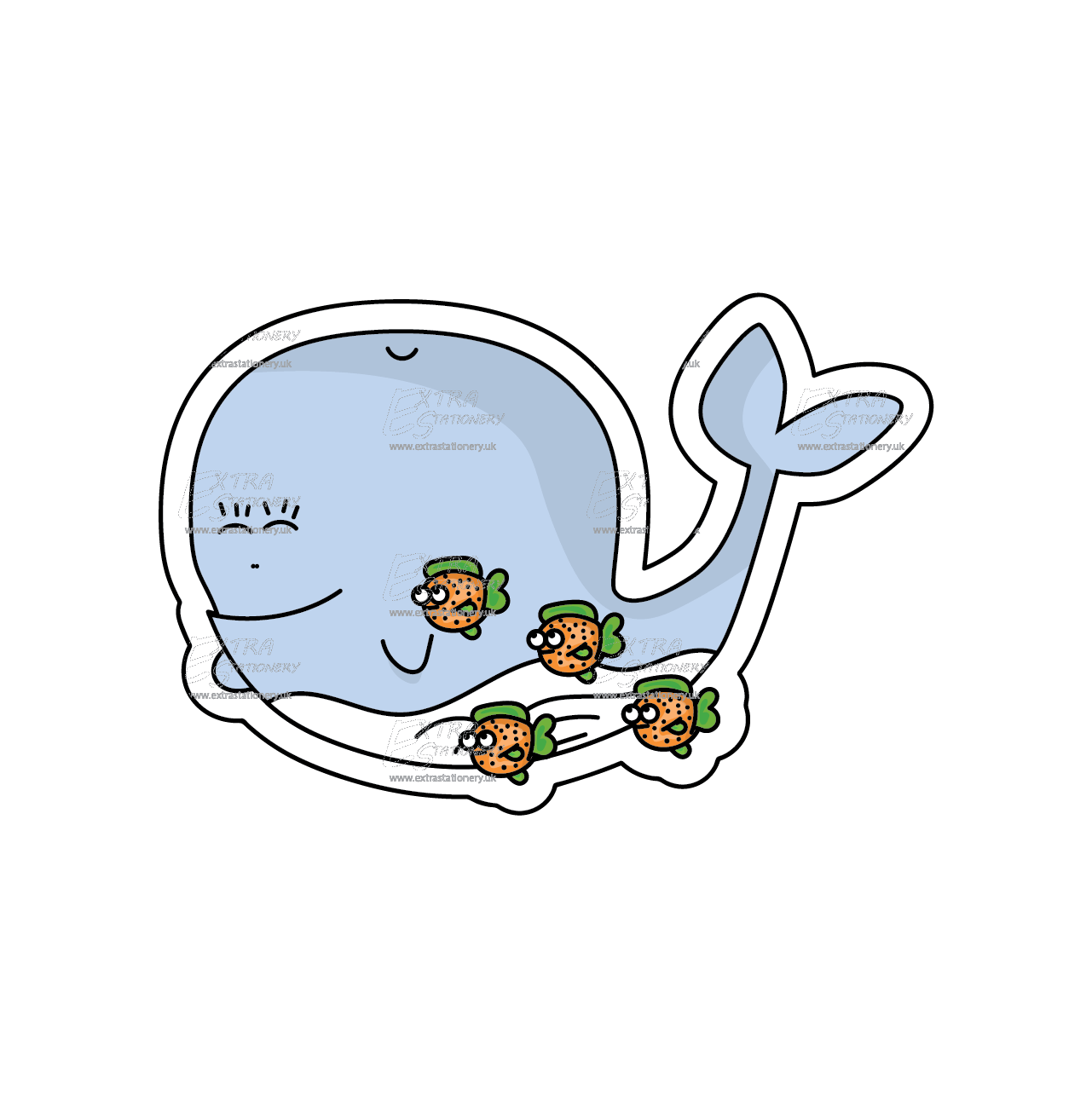 Cute baby blue whale with a big smile sticker, surrounded by small fish friends, radiating friendliness and happiness.