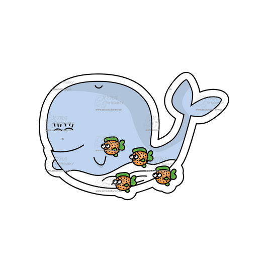 Cute baby blue whale with a big smile sticker, surrounded by small fish friends, radiating friendliness and happiness.