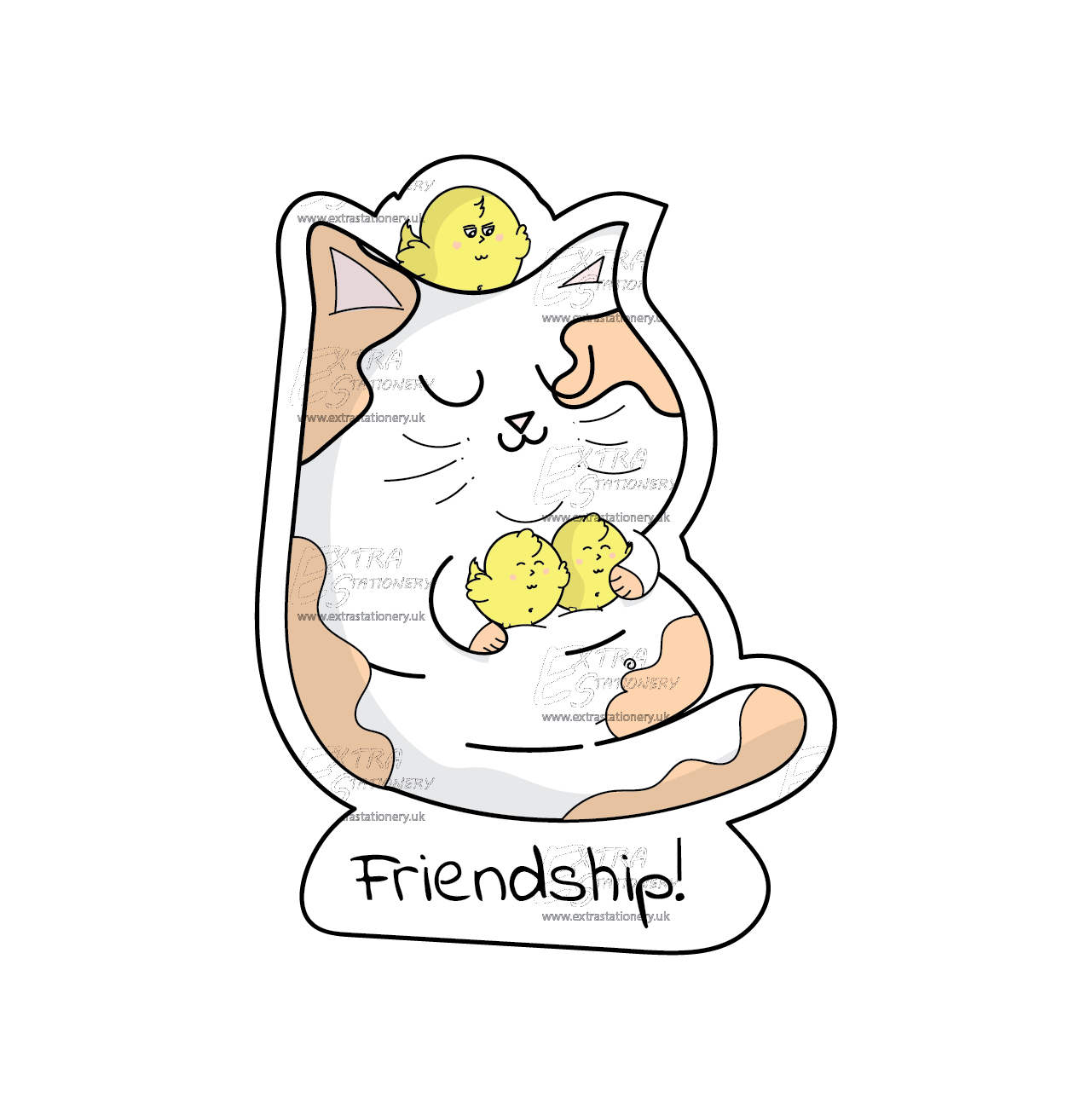 sticker Illustration of a cat cuddling baby chicks, symbolizing heart warming friendship