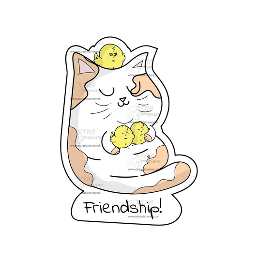 sticker Illustration of a cat cuddling baby chicks, symbolizing heart warming friendship