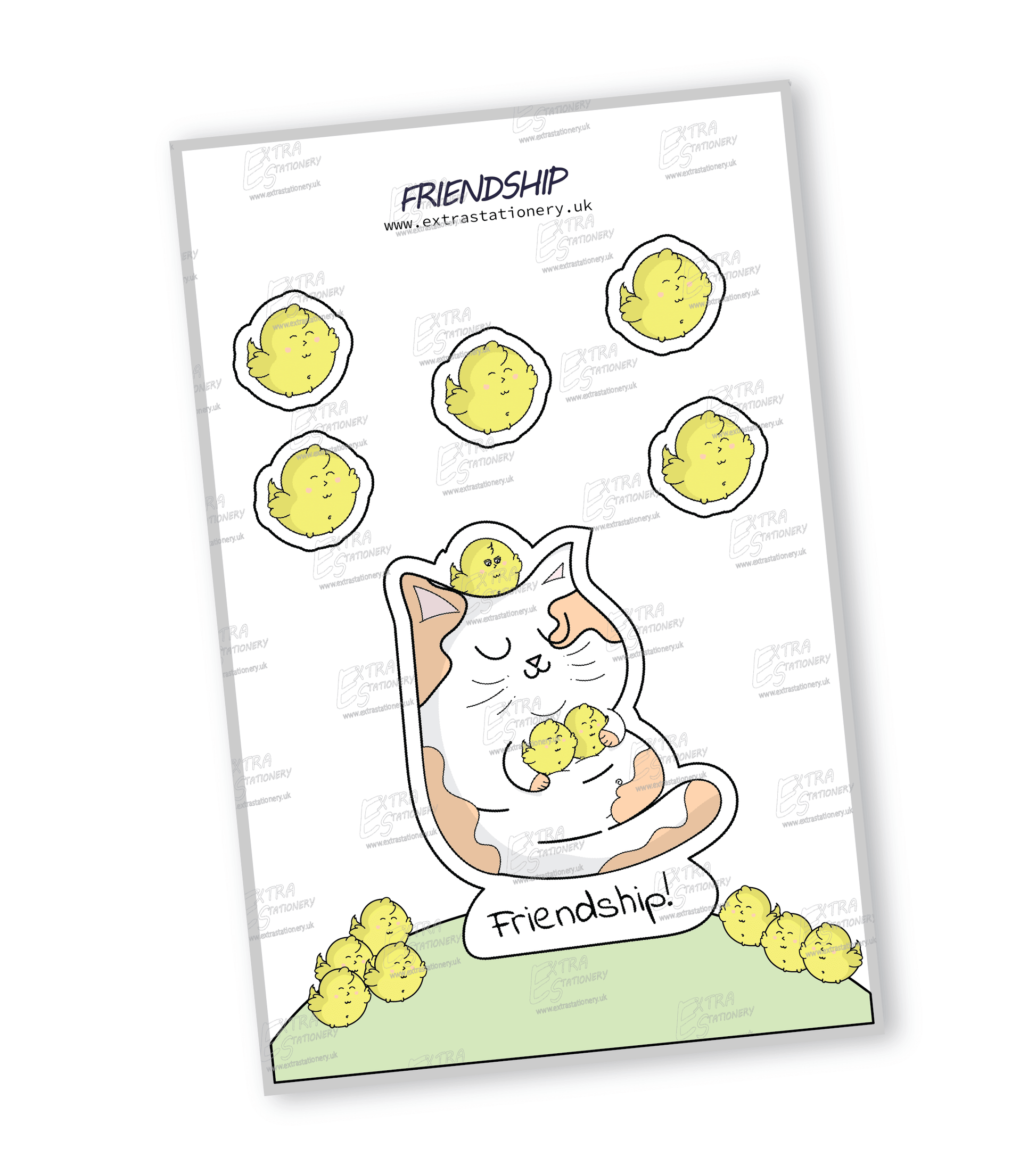 sticker Illustration of a cat cuddling baby chicks, symbolizing heart warming friendship