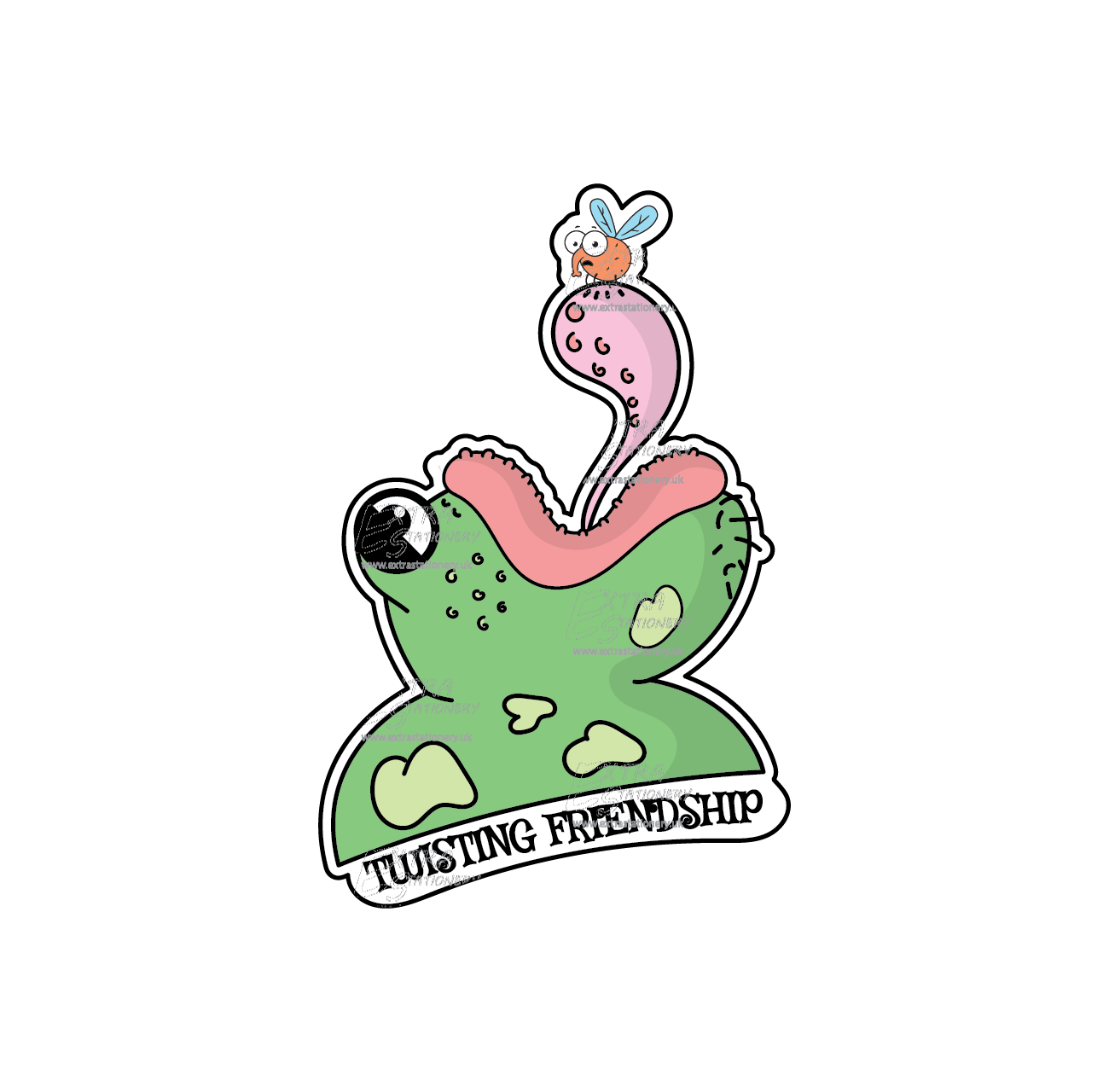 Sticker depicting a cute frog with its tongue out and a resting fly, representing an unlikely yet heartwarming friendship.