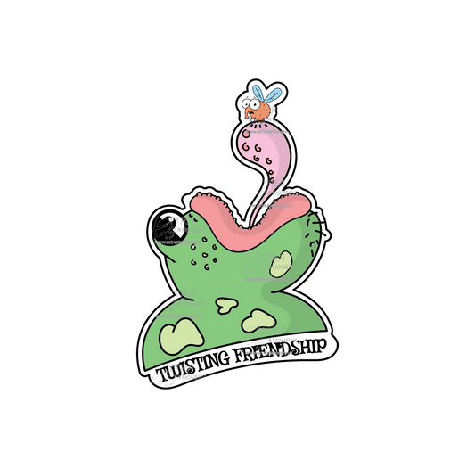 Sticker depicting a cute frog with its tongue out and a resting fly, representing an unlikely yet heartwarming friendship.