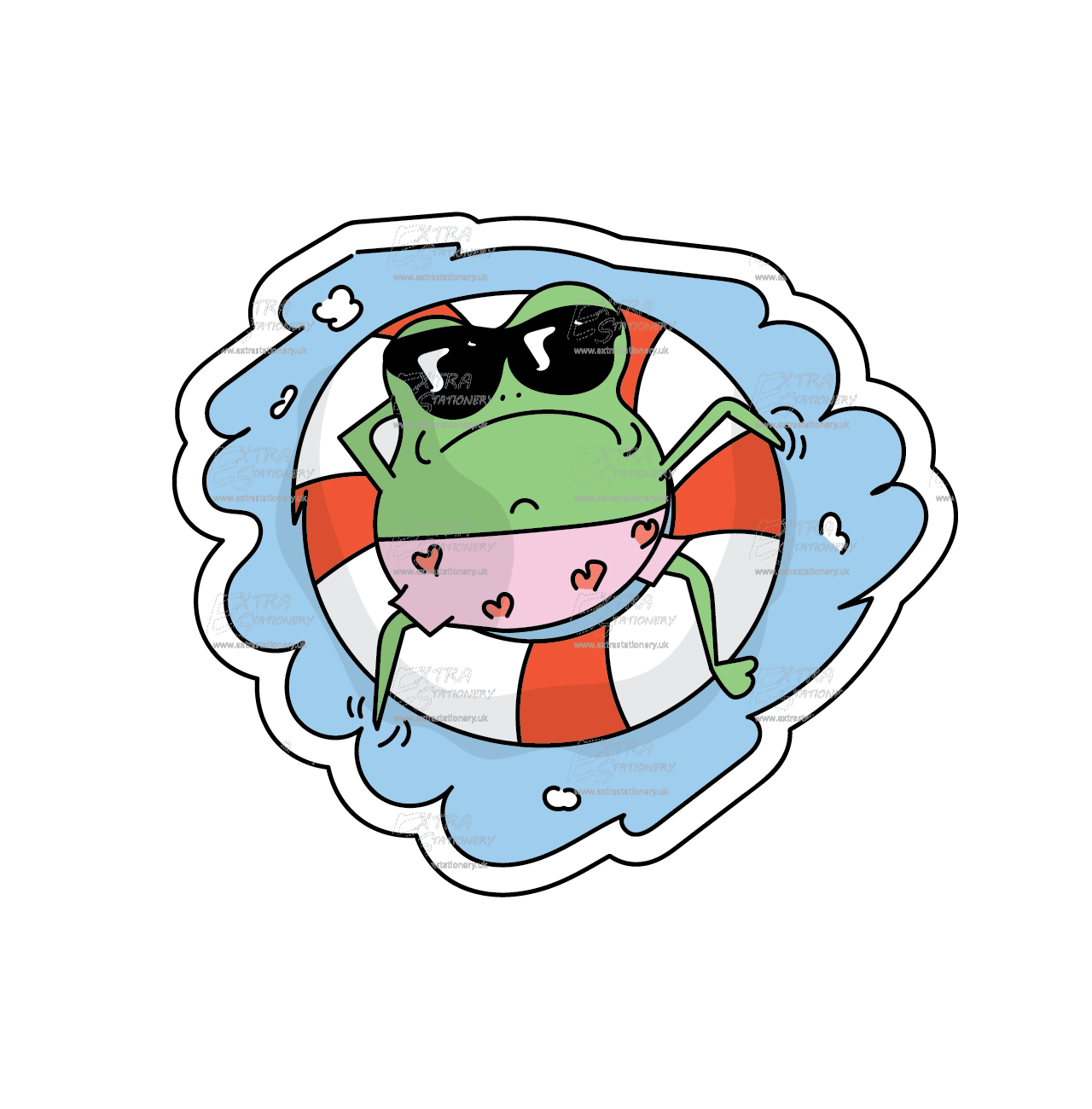 Sticker of a relaxed frog on holiday, perched on an inflatable wheel in a pool, wearing sunglasses and heart-adorned swimming shorts, exuding chill and relaxation.