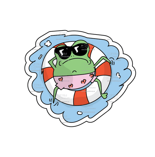 Sticker of a relaxed frog on holiday, perched on an inflatable wheel in a pool, wearing sunglasses and heart-adorned swimming shorts, exuding chill and relaxation.