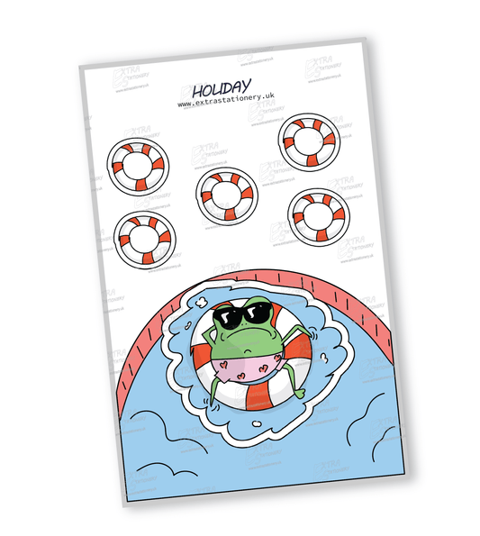 Sticker of a relaxed frog on holiday, perched on an inflatable wheel in a pool, wearing sunglasses and heart-adorned swimming shorts, exuding chill and relaxation.