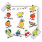 Colorful and playful sticker collection of 12 fruits: kiwi, strawberry, orange, grapes, lemon, pineapple, blueberries, bananas, apple, watermelon, cherries, pear, each with a unique, delightful design.