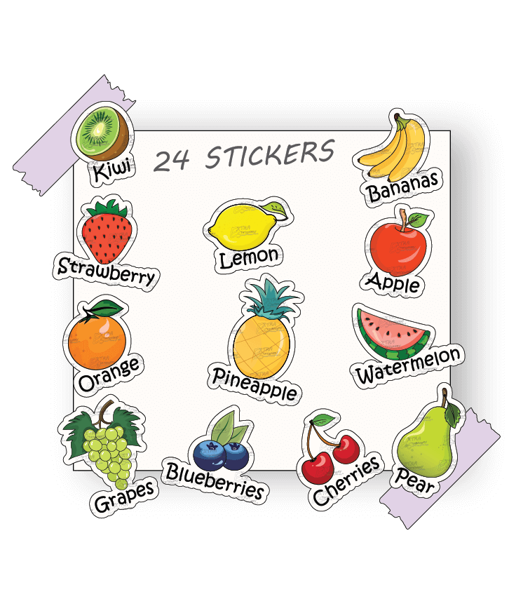 Colorful and playful sticker collection of 12 fruits: kiwi, strawberry, orange, grapes, lemon, pineapple, blueberries, bananas, apple, watermelon, cherries, pear, each with a unique, delightful design.