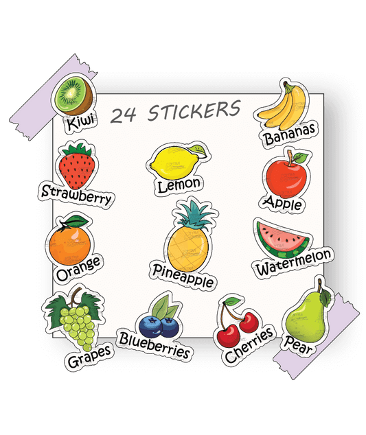 Colorful and playful sticker collection of 12 fruits: kiwi, strawberry, orange, grapes, lemon, pineapple, blueberries, bananas, apple, watermelon, cherries, pear, each with a unique, delightful design.