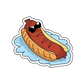 Sticker of a cool sausage wearing sunglasses, relaxing inside a bun in a pool, capturing playful culinary charm.