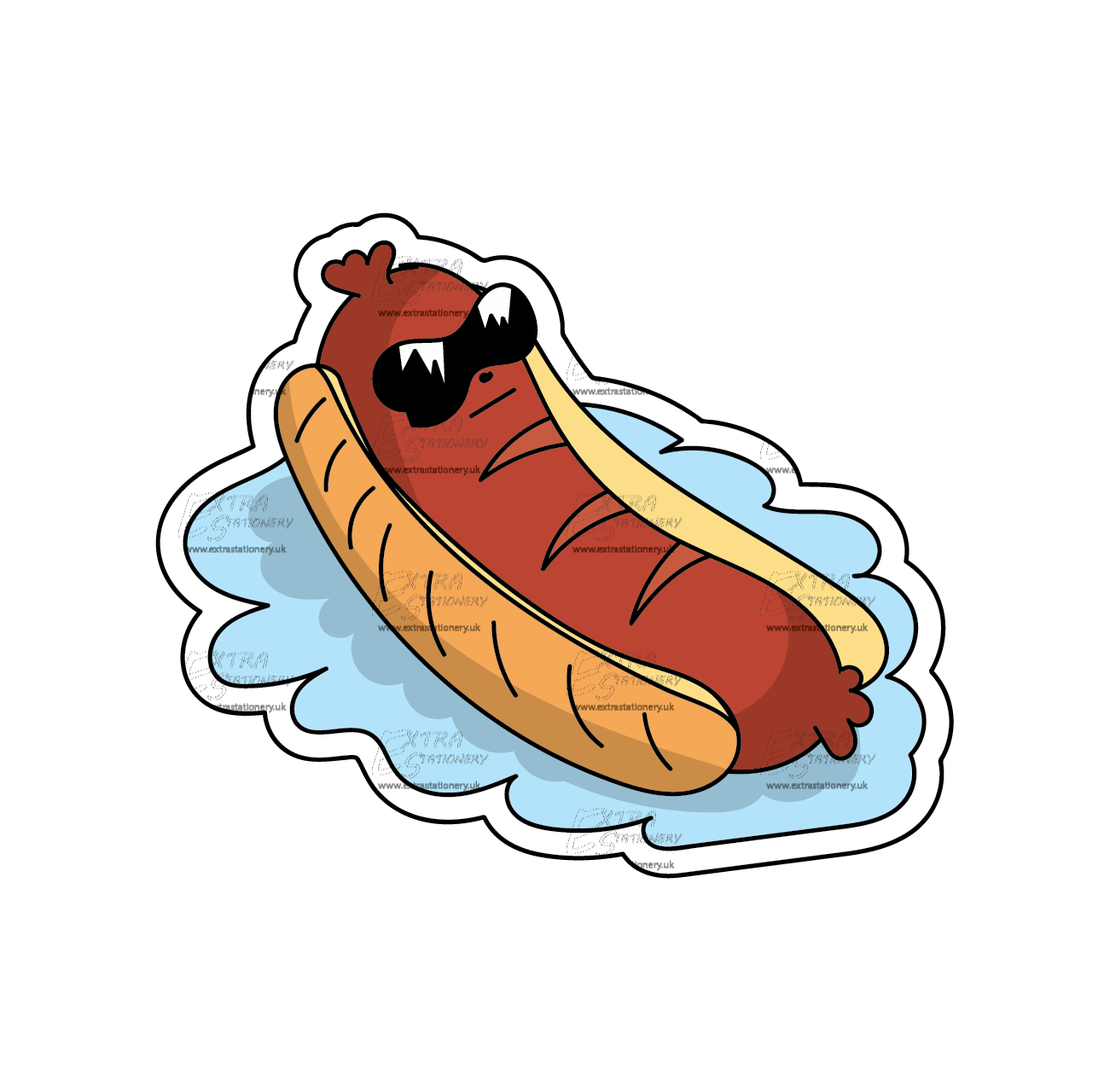 Sticker of a cool sausage wearing sunglasses, relaxing inside a bun in a pool, capturing playful culinary charm.