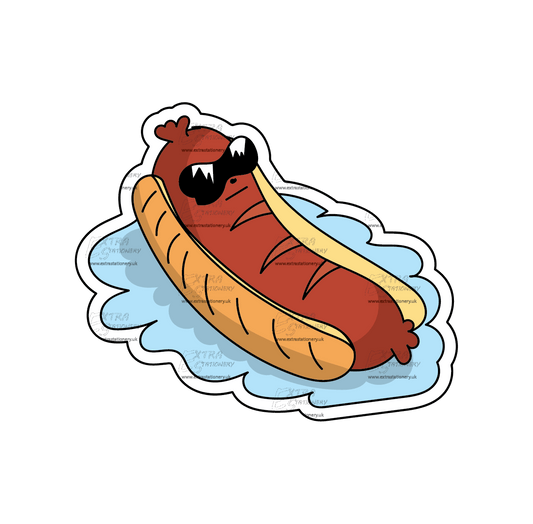 Sticker of a cool sausage wearing sunglasses, relaxing inside a bun in a pool, capturing playful culinary charm.