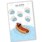 Sticker of a cool sausage wearing sunglasses, relaxing inside a bun in a pool, capturing playful culinary charm.