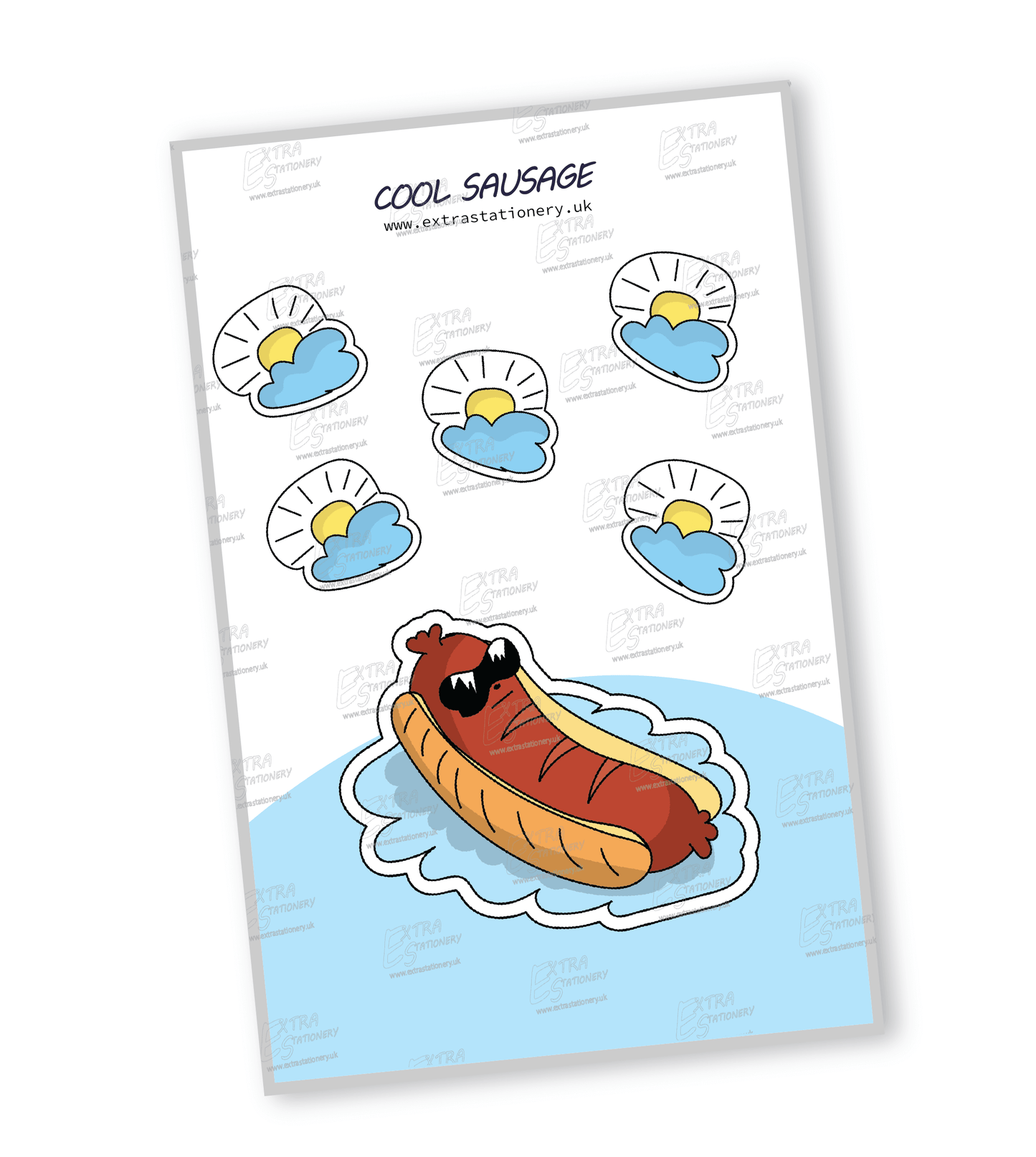 Sticker of a cool sausage wearing sunglasses, relaxing inside a bun in a pool, capturing playful culinary charm.