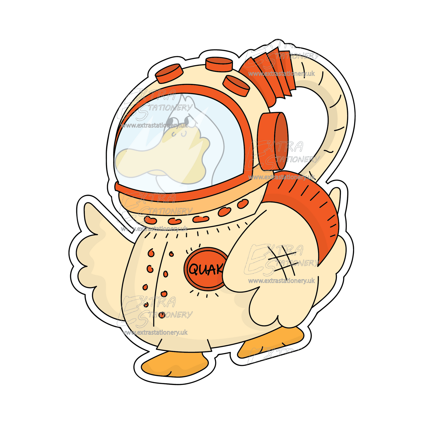 Sticker of a funny duck in an astronaut suit, fearlessly exploring otherworldly realms, embodying humor and imaginative adventure