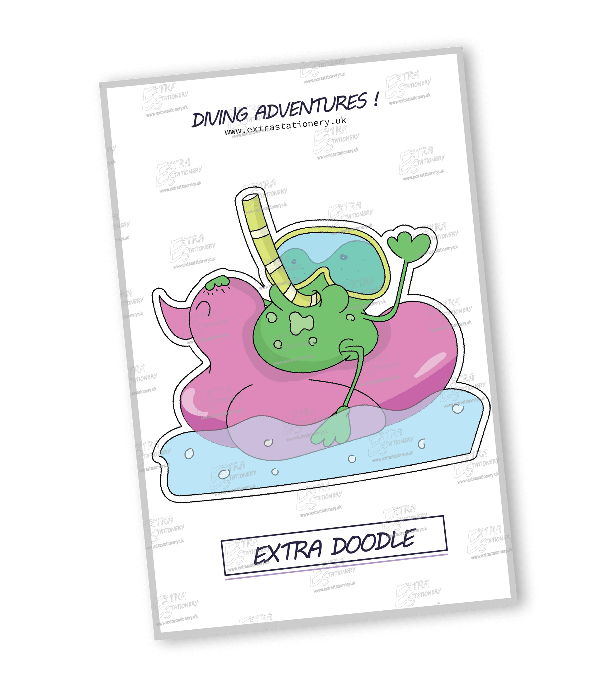 Sticker of a funny frog sitting on an inflatable duck in the water, equipped for diving adventures, exuding humor and aquatic charm