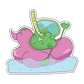 Sticker of a funny frog sitting on an inflatable duck in the water, equipped for diving adventures, exuding humor and aquatic charm