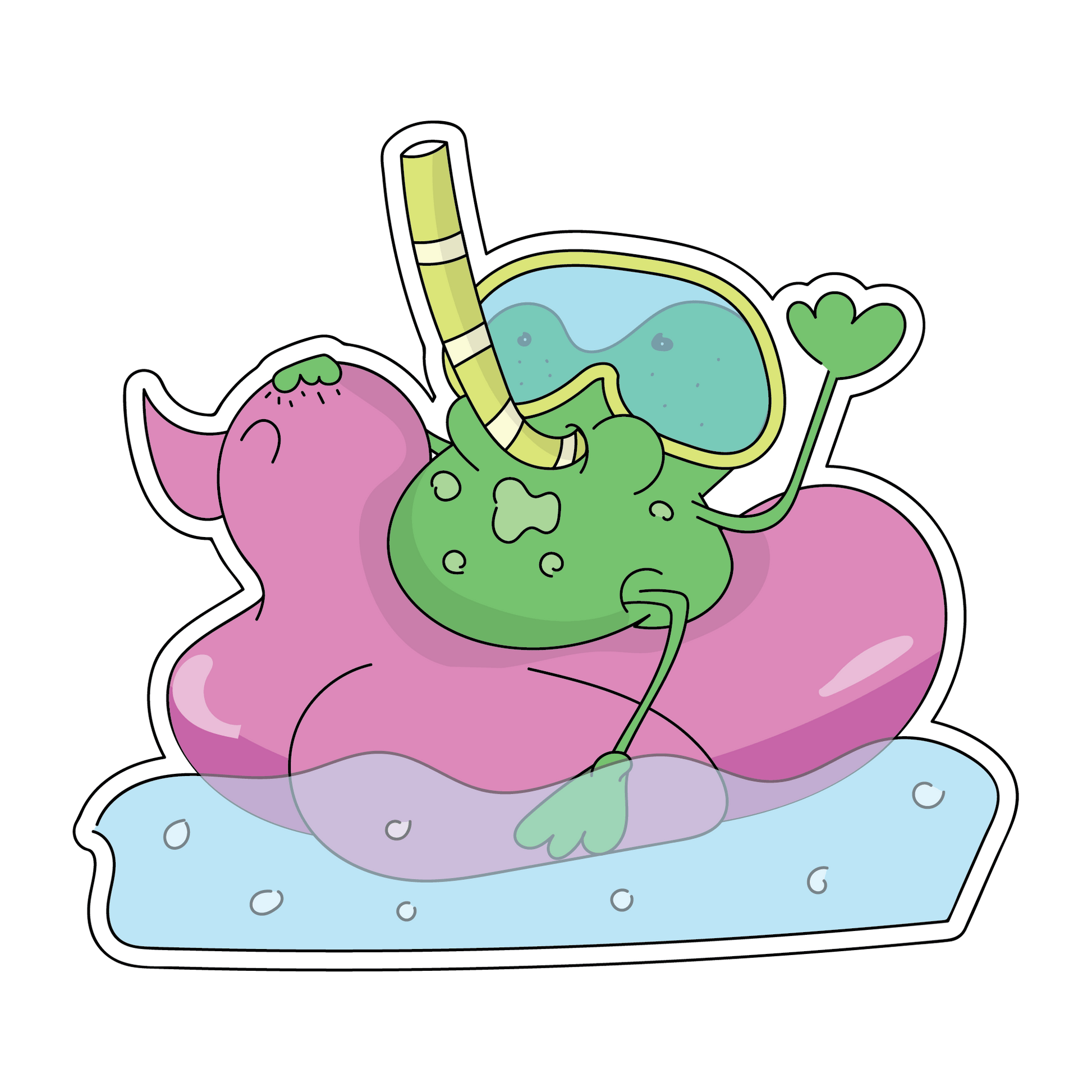 Sticker of a funny frog sitting on an inflatable duck in the water, equipped for diving adventures, exuding humor and aquatic charm