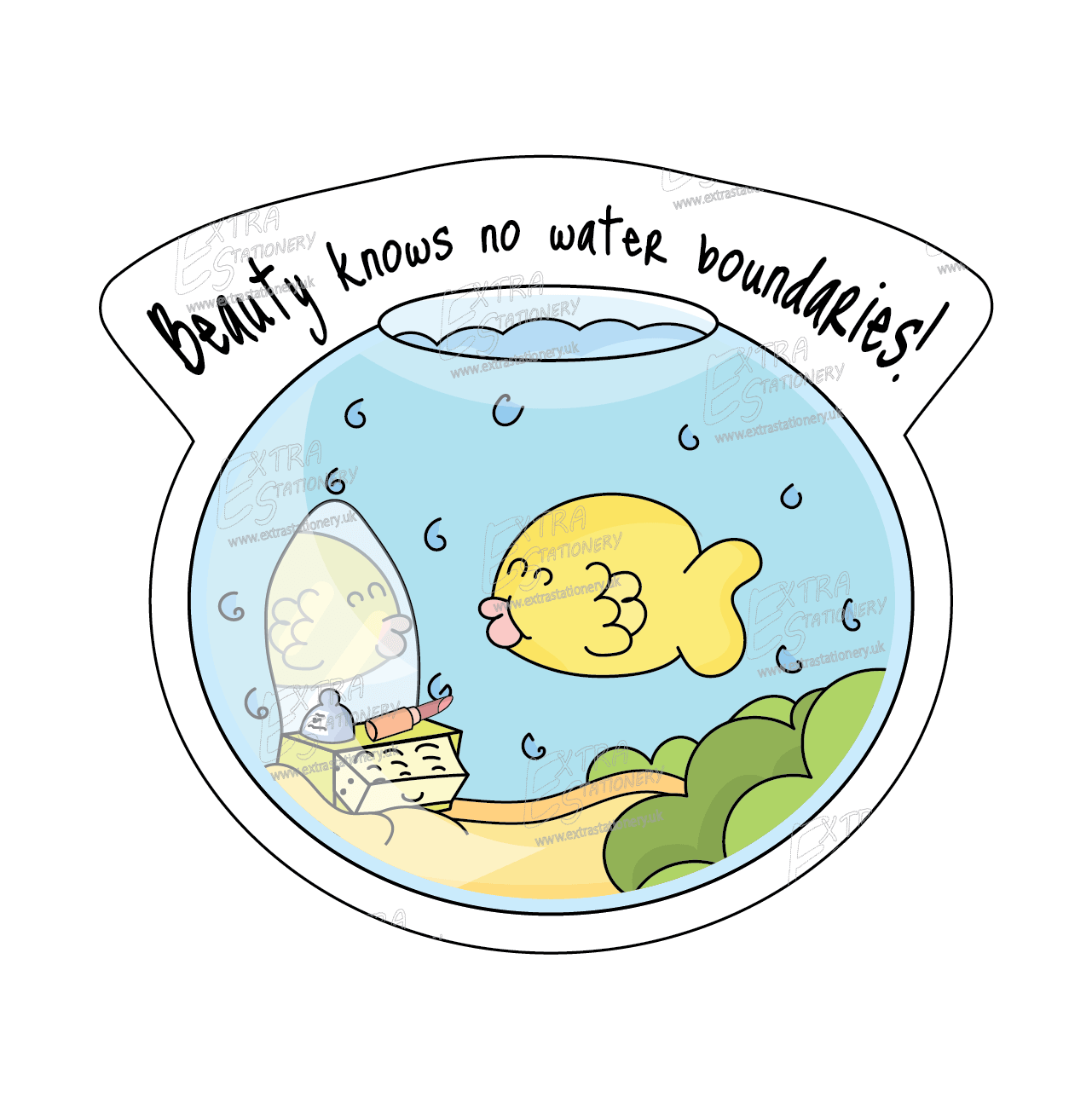 A sticker of a glamorous and happy fish in a fish tank with a mirror and lipstick, accompanied by the text 'Beauty knows no water boundaries,' symbolizing universal beauty.