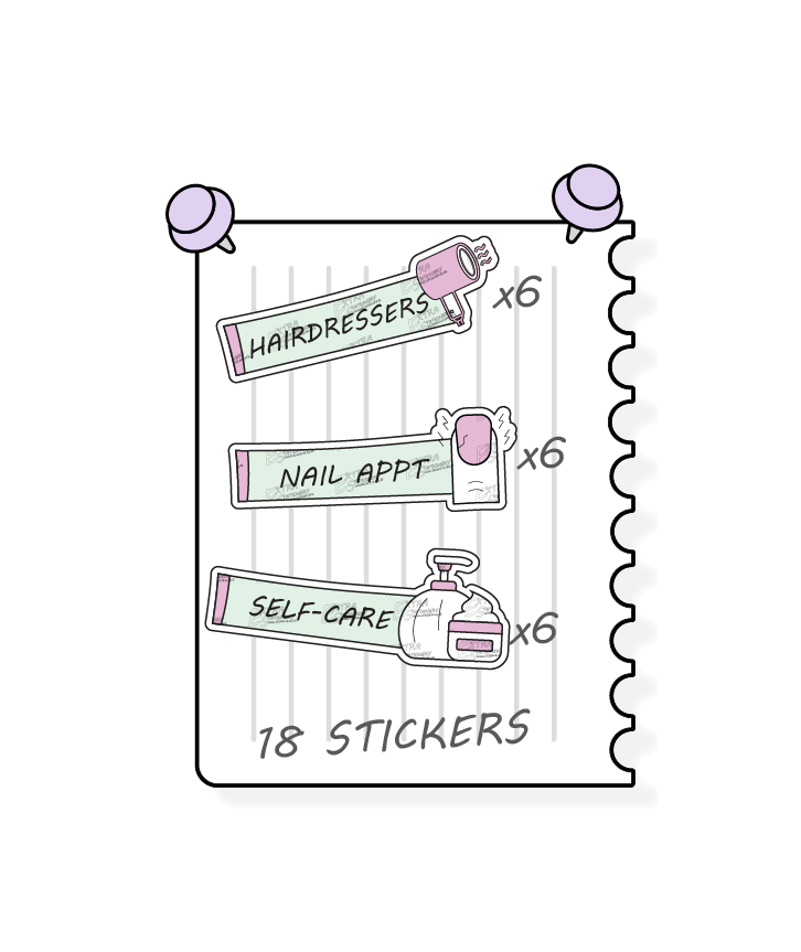 Minty blush, planner stickers cater to personal care and self-pampering, offering options for scheduling hair appointments and treatments with hairdressers stickers, booking nail care sessions with nail appointment planner stickers, and prioritizing self-care and relaxation with dedicated self-care planner stickers.