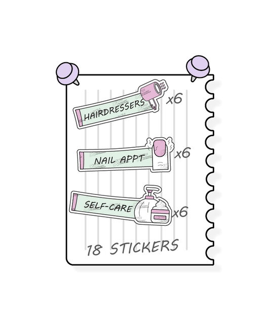 Minty blush, planner stickers cater to personal care and self-pampering, offering options for scheduling hair appointments and treatments with hairdressers stickers, booking nail care sessions with nail appointment planner stickers, and prioritizing self-care and relaxation with dedicated self-care planner stickers.