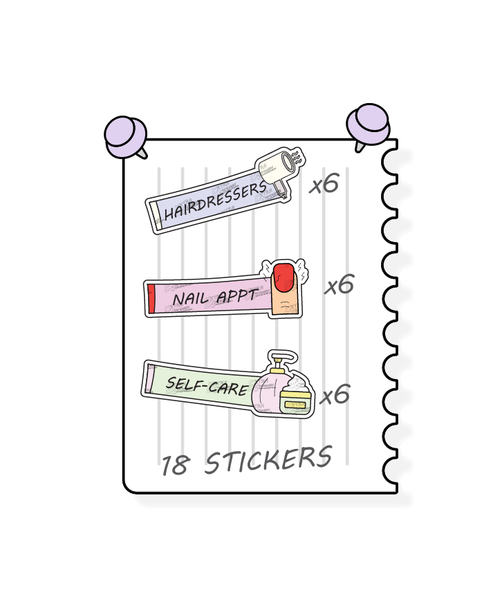  Multicolored planner stickers cater to personal care and self-pampering, offering options for scheduling hair appointments and treatments with hairdressers stickers, booking nail care sessions with nail appointment planner stickers, and prioritizing self-care and relaxation with dedicated self-care planner stickers.