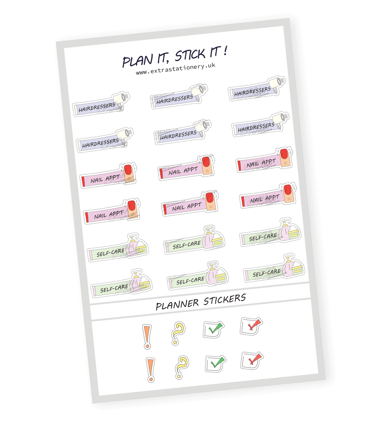 Self-care planner sticker sheet with hairdressers, nail appointment, and self-care stickers - 18 stickers in total (6 of each type)