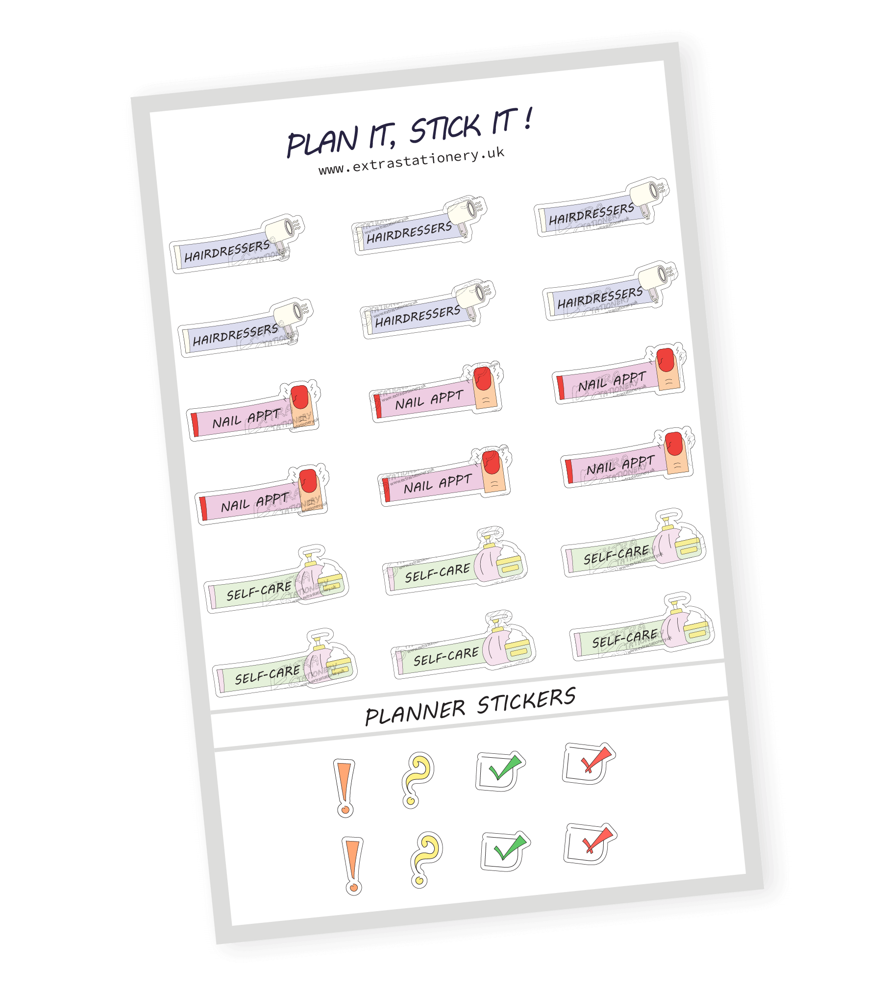 Self-care planner sticker sheet with hairdressers, nail appointment, and self-care stickers - 18 stickers in total (6 of each type)