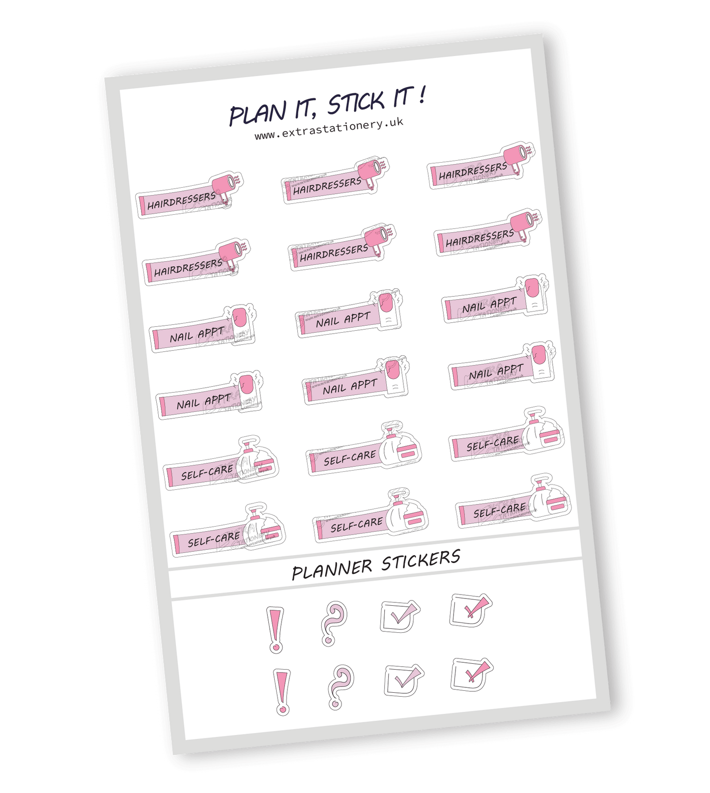 Rose Fusion color, Self-care planner sticker sheet with hairdressers, nail appointment, and self-care stickers - 18 stickers in total (6 of each type)