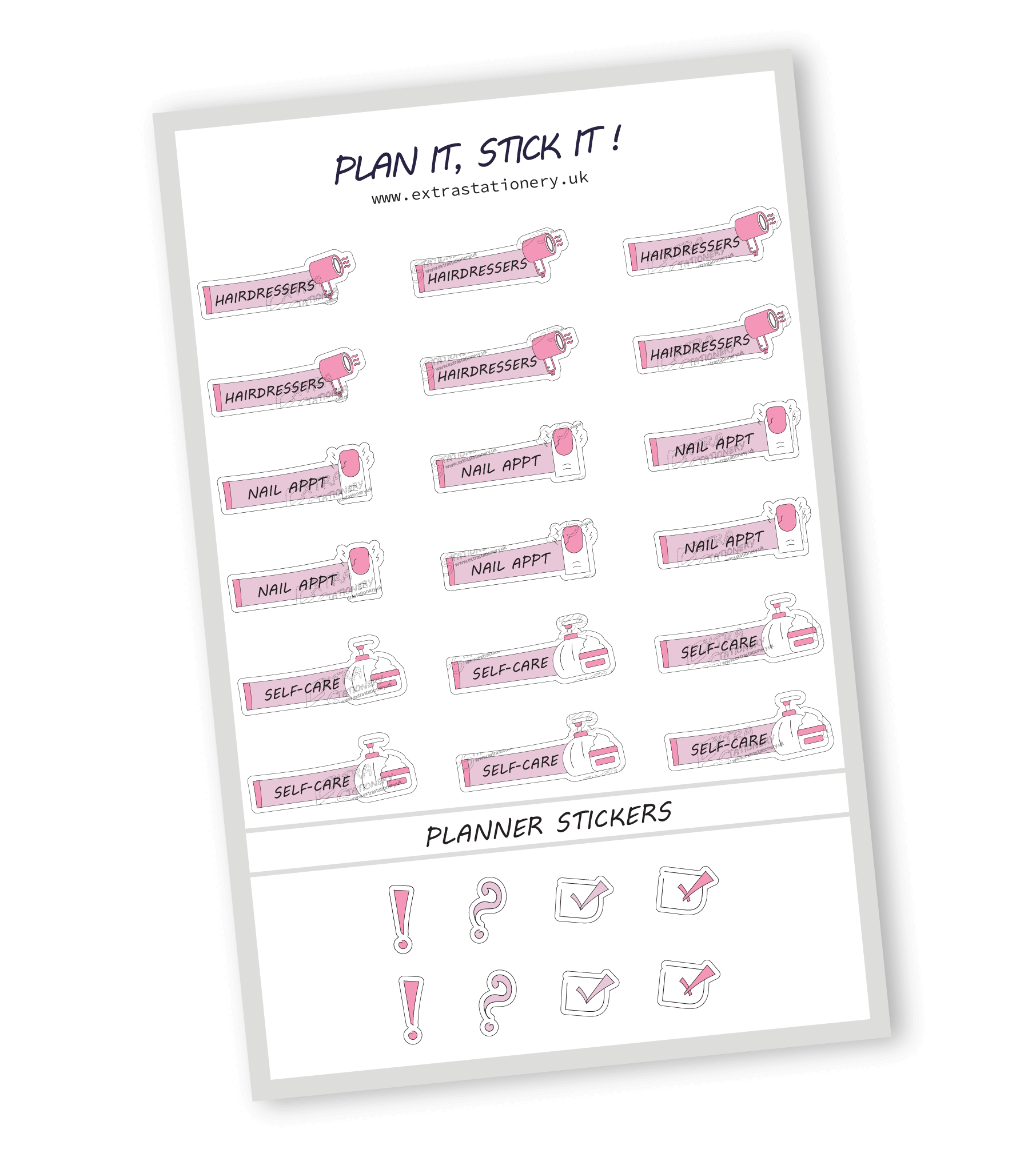 Rose Fusion color, Self-care planner sticker sheet with hairdressers, nail appointment, and self-care stickers - 18 stickers in total (6 of each type)