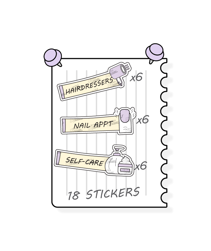 Sunshine lilac, planner stickers cater to personal care and self-pampering, offering options for scheduling hair appointments and treatments with hairdressers stickers, booking nail care sessions with nail appointment planner stickers, and prioritizing self-care and relaxation with dedicated self-care planner stickers.