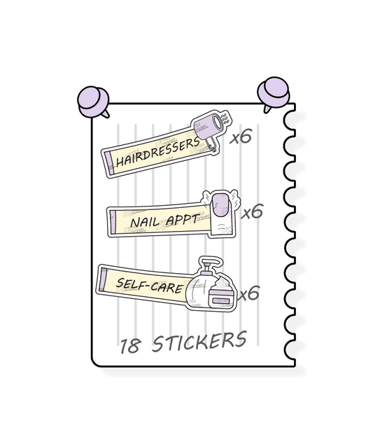 Sunshine lilac, planner stickers cater to personal care and self-pampering, offering options for scheduling hair appointments and treatments with hairdressers stickers, booking nail care sessions with nail appointment planner stickers, and prioritizing self-care and relaxation with dedicated self-care planner stickers.