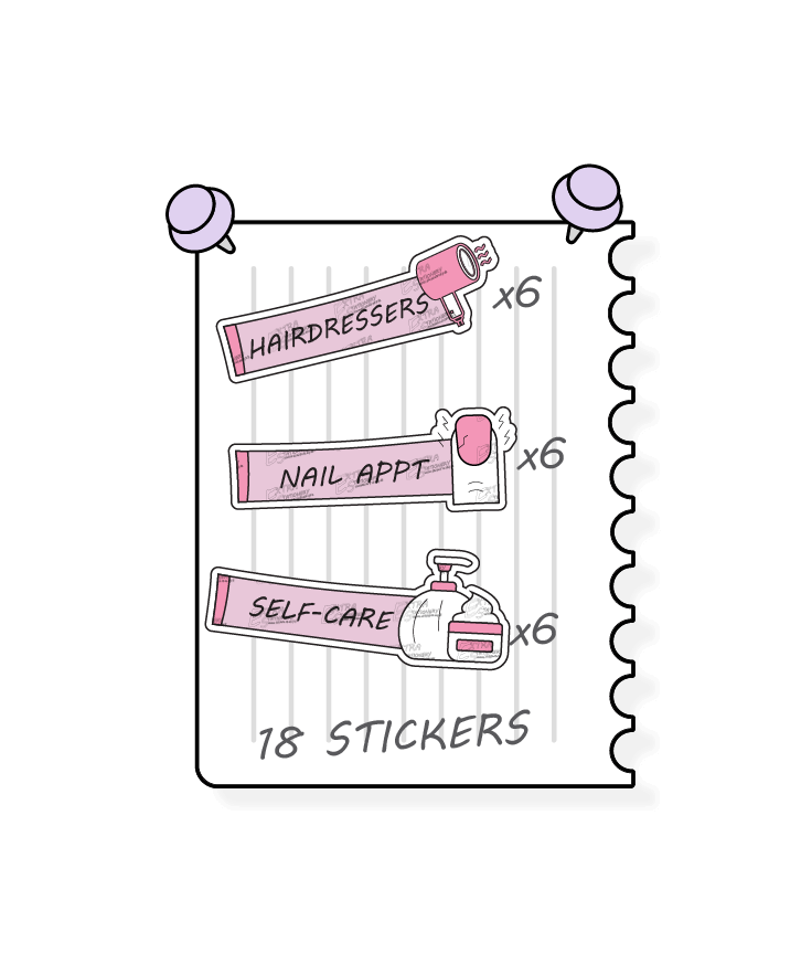 Rose fusion planner stickers cater to personal care and self-pampering, offering options for scheduling hair appointments and treatments with hairdressers stickers, booking nail care sessions with nail appointment planner stickers, and prioritizing self-care and relaxation with dedicated self-care planner stickers.