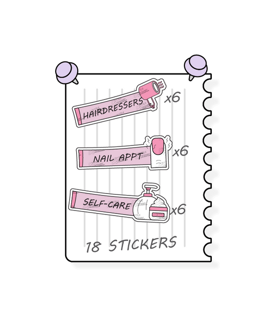 Rose fusion planner stickers cater to personal care and self-pampering, offering options for scheduling hair appointments and treatments with hairdressers stickers, booking nail care sessions with nail appointment planner stickers, and prioritizing self-care and relaxation with dedicated self-care planner stickers.