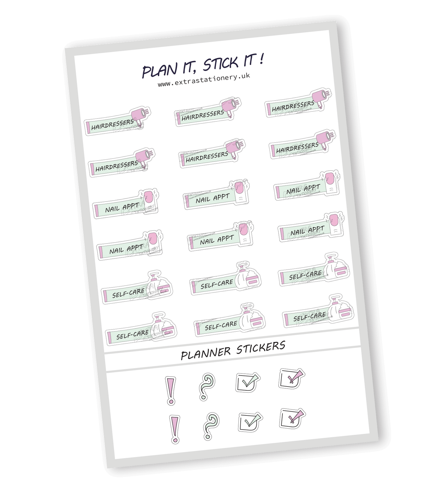 Minty Blush color, Selfcare planner sticker sheet with hairdressers, nail appointment, and selfcare stickers  18 stickers in total (6 of each type)