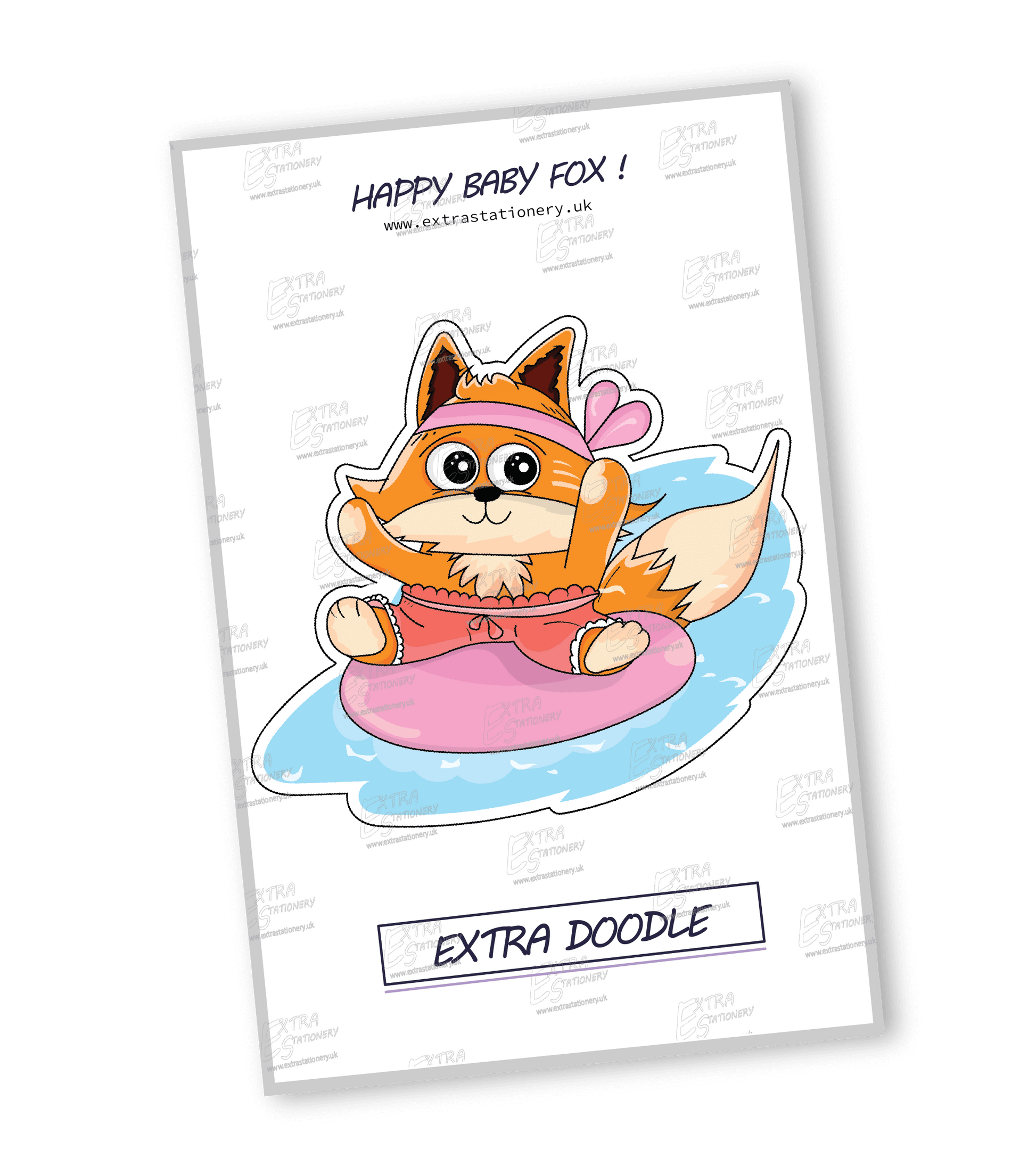 extra doodle sticker, a happy baby fox in cute shorts and headband, floating on an inflatable donut in the water, radiating joy and playfulness.