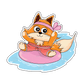 extra doodle sticker, a happy baby fox in cute shorts and headband, floating on an inflatable donut in the water, radiating joy and playfulness.