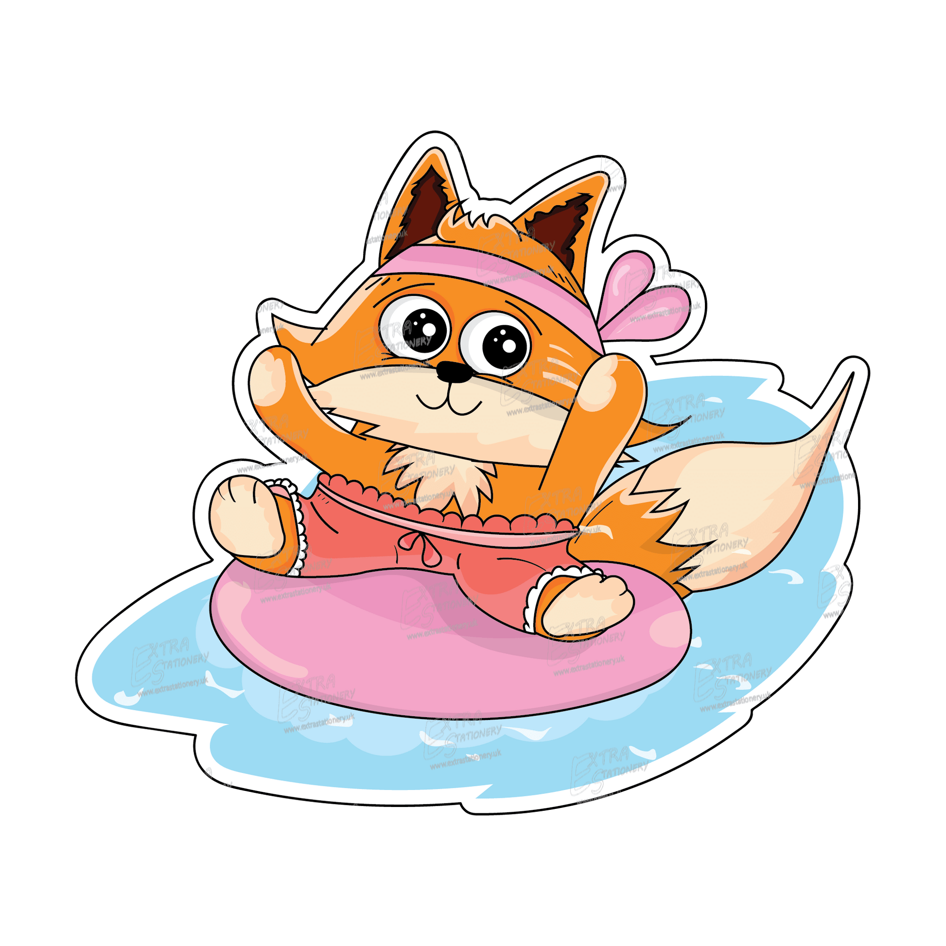 extra doodle sticker, a happy baby fox in cute shorts and headband, floating on an inflatable donut in the water, radiating joy and playfulness.