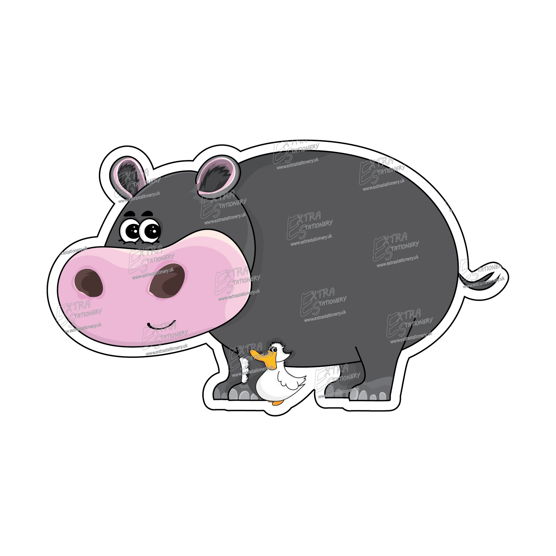 A joyful hippo standing alongside its best pal, a duck, in a cute and happy sticker, symbolizing friendship and happiness.