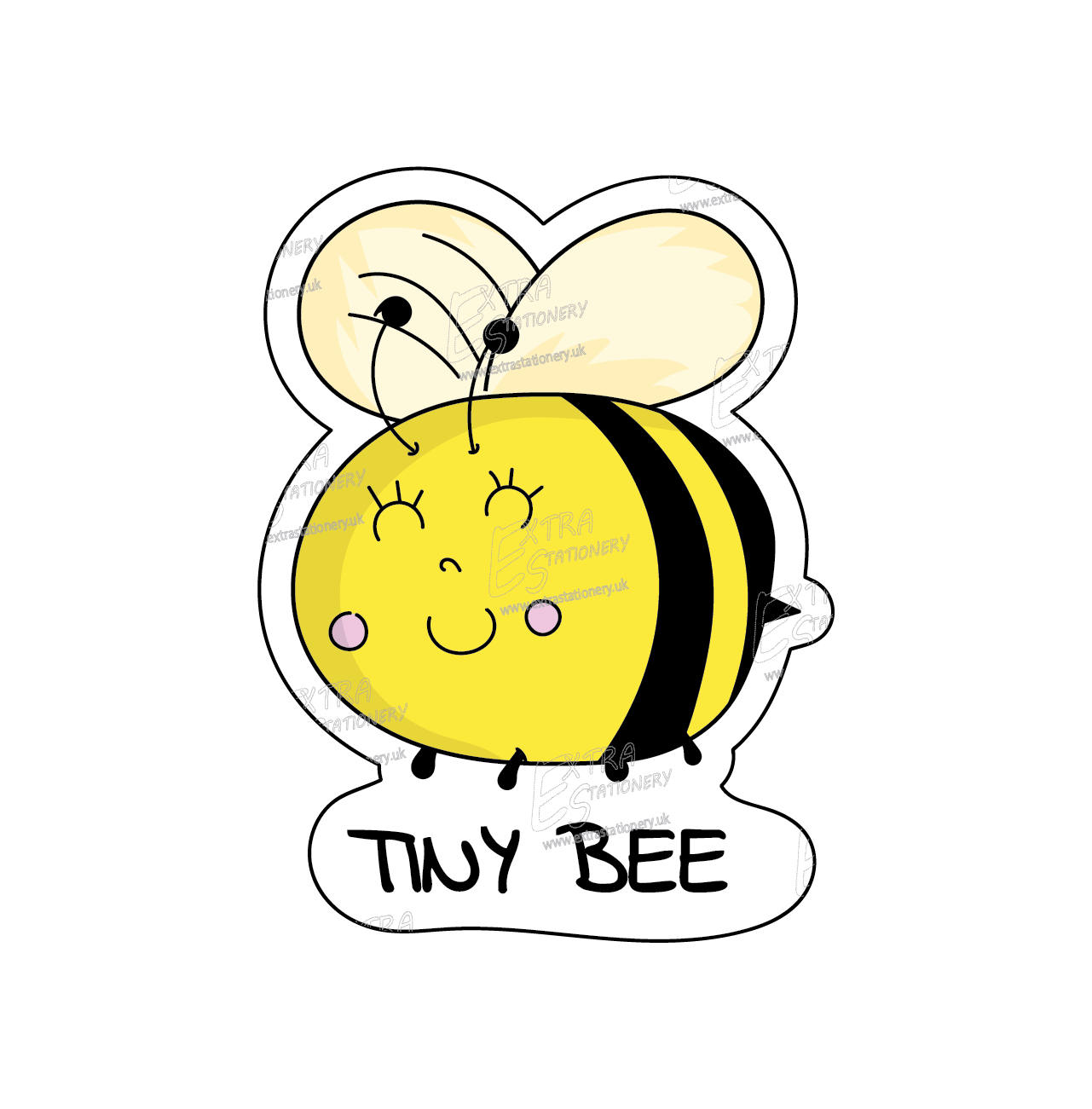 A sticker of a happy, tiny bee surrounded by tiny honey pots full of honey, embodying joy and the sweetness of nature.