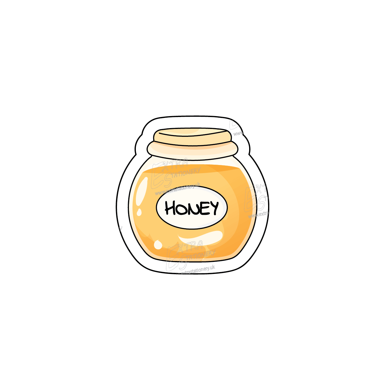 A sticker of a happy, tiny bee surrounded by tiny honey pots full of honey, embodying joy and the sweetness of nature.