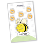 A sticker of a happy, tiny bee surrounded by tiny honey pots full of honey, embodying joy and the sweetness of nature.