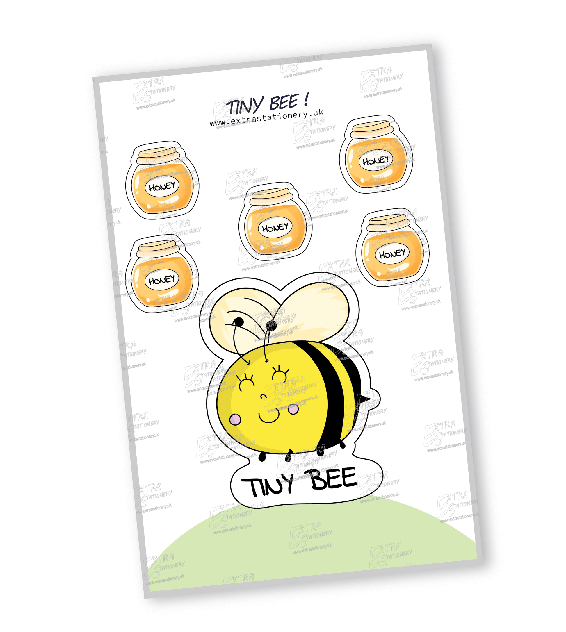 A sticker of a happy, tiny bee surrounded by tiny honey pots full of honey, embodying joy and the sweetness of nature.