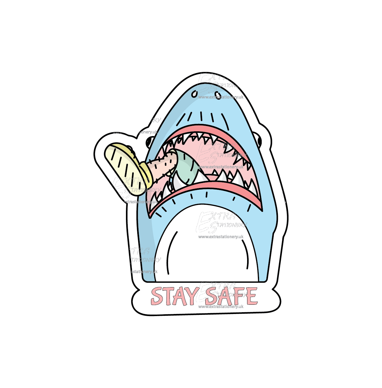 Amusing depiction of a shark with a human leg sticking out of its mouth sticker, highlighting playful humor.