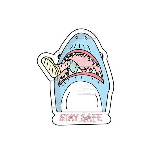 Amusing depiction of a shark with a human leg sticking out of its mouth sticker, highlighting playful humor.