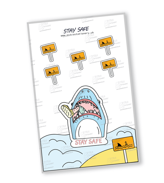 Amusing depiction of a shark with a human leg sticking out of its mouth sticker, highlighting playful humor.