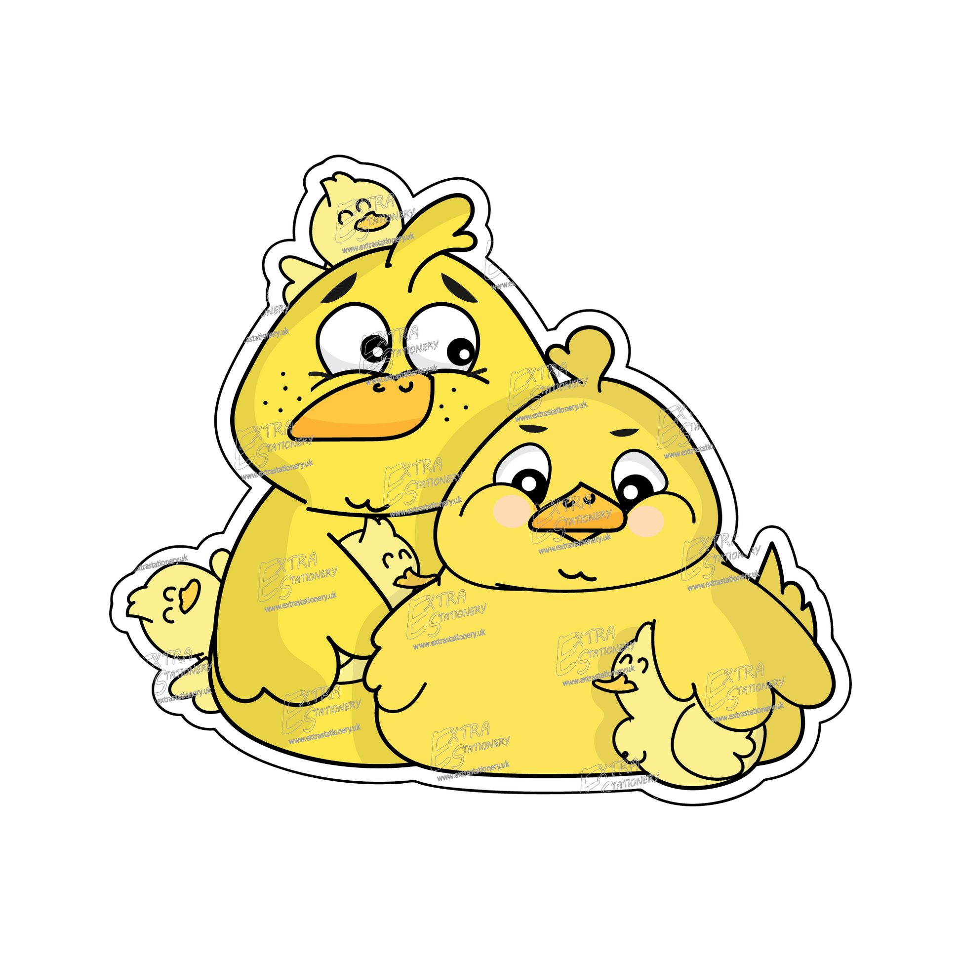 Sticker of a cute family of chicks brimming with excitement and joy, radiating the spirit of a holiday adventure and togetherness