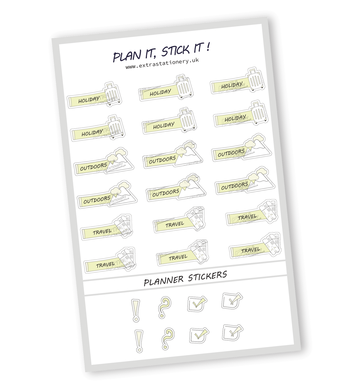 Lime Radiance color, Adventure-themed planner sticker sheet with holiday, outdoors, and travel stickers - 18 stickers in total (6 of each type)