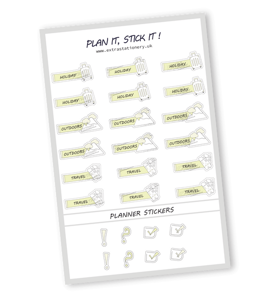 Lime Radiance color, Adventure-themed planner sticker sheet with holiday, outdoors, and travel stickers - 18 stickers in total (6 of each type)